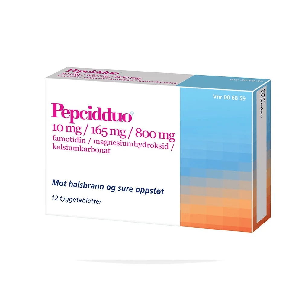 Pepcidduo Tyggetabletter 10/165/800mg – 12 tabletter v:1785570 Pepcidduo Tyggetabletter 10/165/800mg – 12 tabletter v:1785570