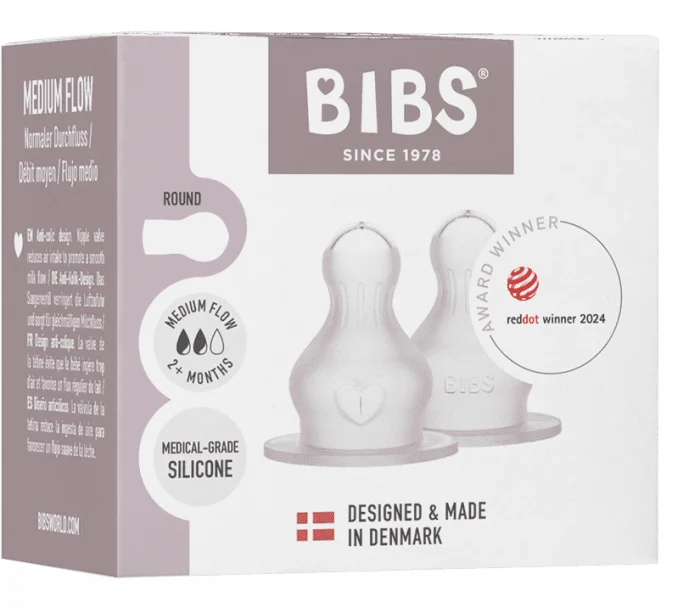 BIBS Baby Bottle Nipple Round Silicone Medium Flow 2 stk v:5364345
