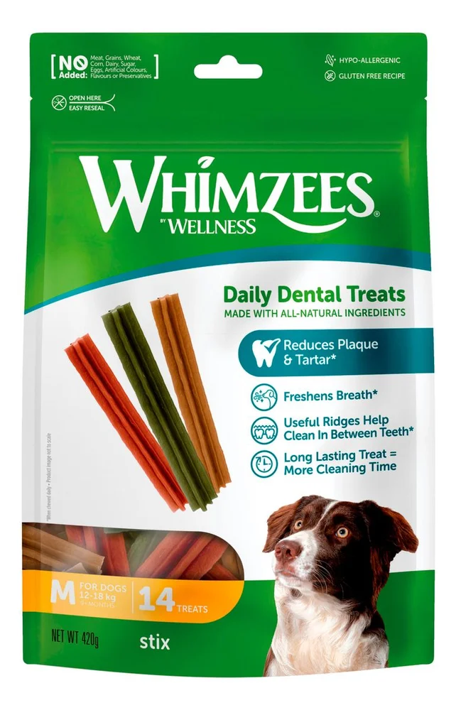Whimzees Dental Stix M, 14 stk. (420 g) v:1019421
