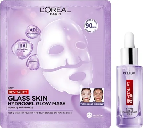 Loreal Paris Revitalift Filler Glass Skin Hydrogel Glow Mask & 1,5% Hyaluronic Acid Serum 30 ml v:9074655